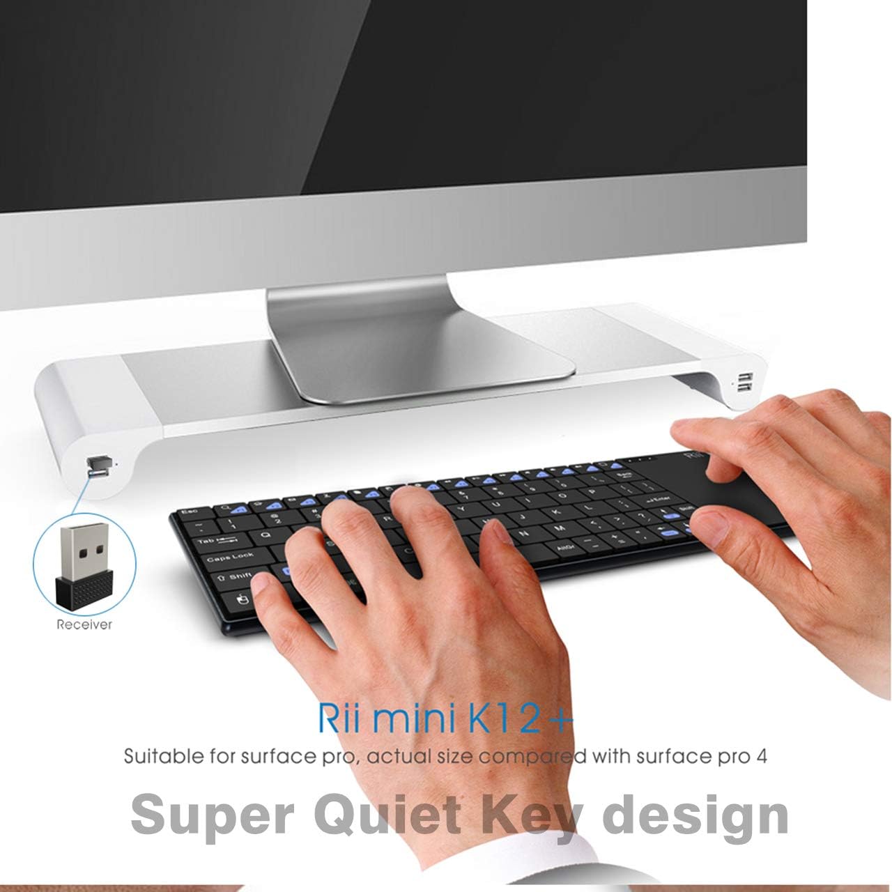 Rii K12+ Mini Wireless Keyboard connected to a computer via its USB receiver.