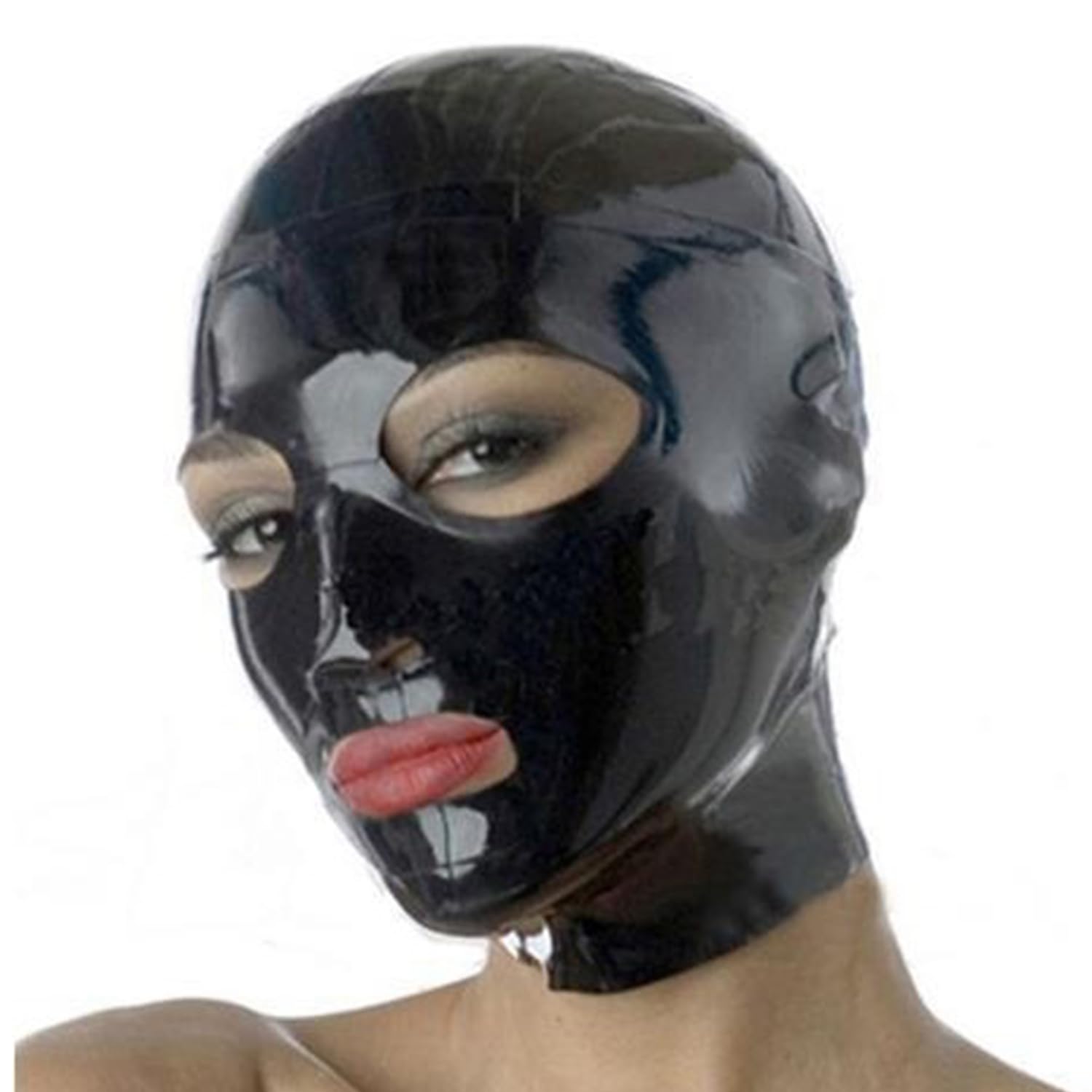 Masque de tête en latex BDSM noir avec yeux exposés et bouche ouverte en taille S
