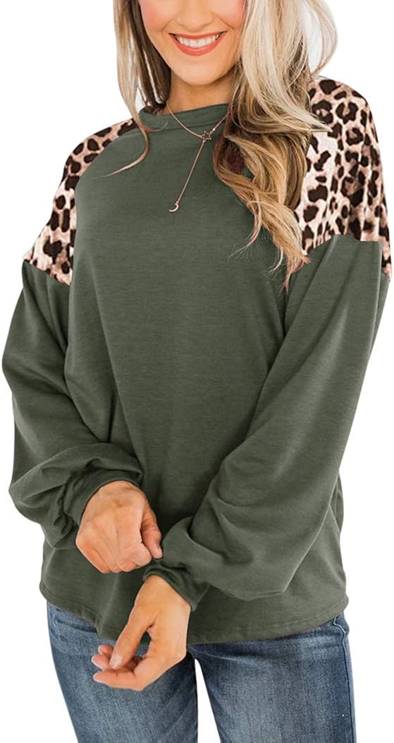 Uincloset Women's Leopard Print Patchwork Raglan Long Sleeve Crew Neck Shirts Casual Loose Pullover Tops