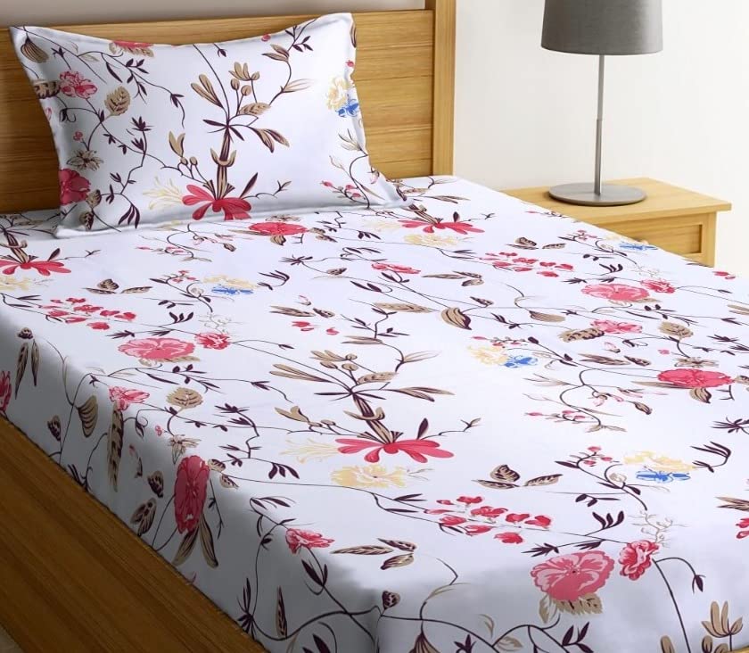 Image of NHD HOME Premium Glace Cotton 180 TC Flat Single Bedsheets for Summer Breathable | Wrinklefree (Size-60 X 90 Inch) with 1 Pillow Covers (Size-17 X 27 Inches, White & Pink Flower)