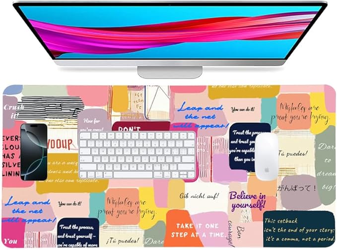 Alfombrilla de escritorio con frase motivacional, piel sintética rosa, antideslizante, 70x35 cm miniatura 6