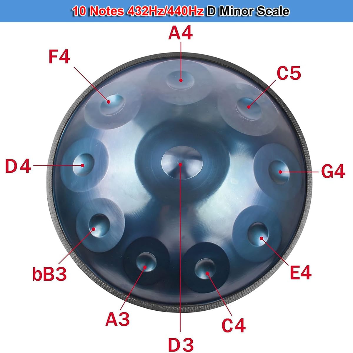 Tamburo In Acciaio Per Handpan A 432 Hz/440Hz 10 Note Da 22 Pollici In Re Minore, Tamburo Per Handpan Per Adulti(Nero,440Hz)