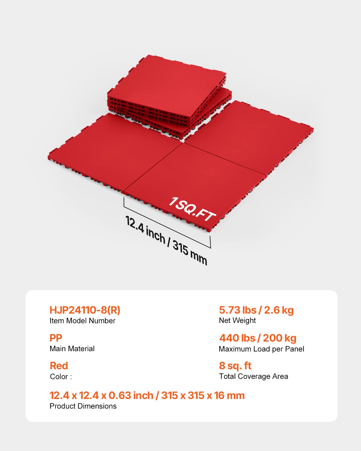 VEVOR Azulejos de Suelo para Hockey sobre Césped Artificial, 8 Piezas, 315 x 315 x 16 mm, Rojo