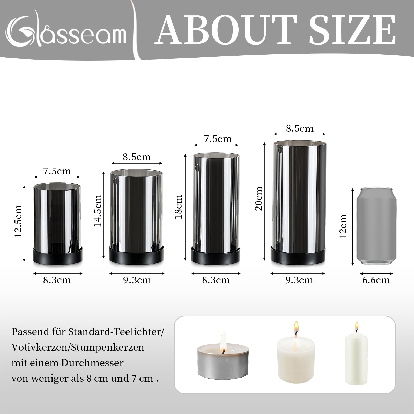 Glasseam Windlicht Glas Schwarz Tischdeko: 4er Set Windlicht Outdoor Modern Windlichter Kerzenhalter Metall für Deko Wohnzimmer Glaszylinder Kerzengläser für Draußen Advent