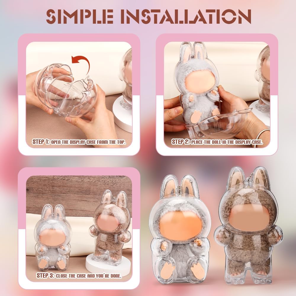 2pcs Clear Figure Display Case with Keychain,Plastic Protective Cover for Blind Box Figures,Portable Dustproof Mini Doll Storage Bag,Blind Box Display Pouch for Fans and Collectors (Stand + Sit)