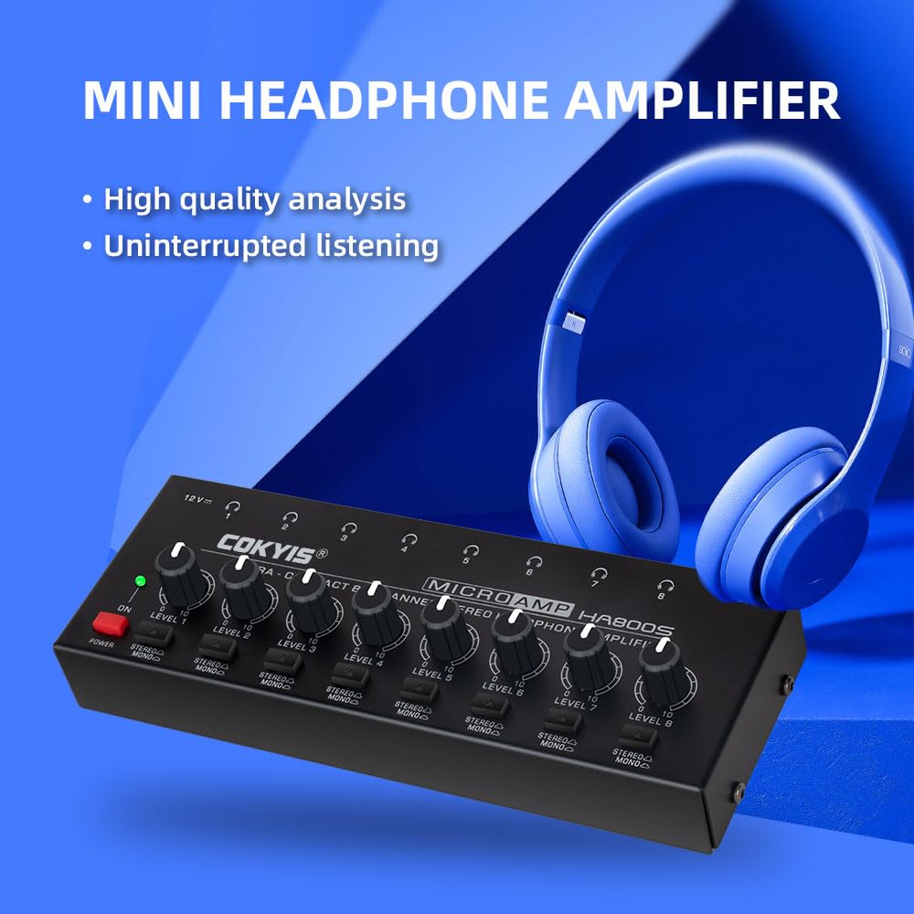 COKYIS Amplificatore per cuffie - Commutazione stereo/mono, mini amplificatore audio ultra compatto con amplificatore per cuffie aggiornato di potenza, 8 canali, adatto per mixer audio, metallo
