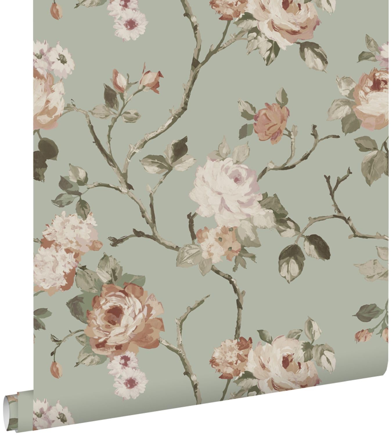 Papier peint fleurs vintage vert menthe pour une ambiance romantique