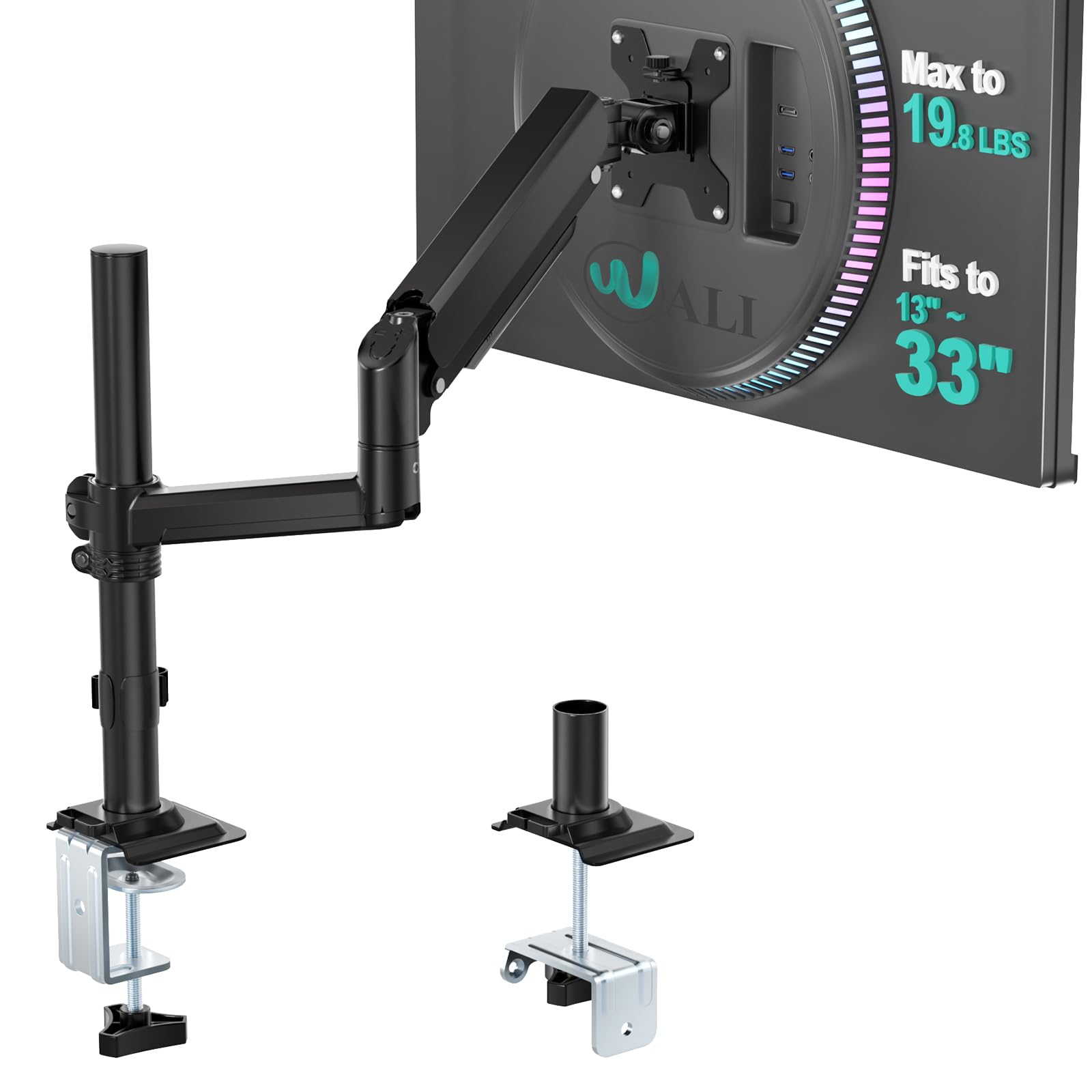 WALI Braccio singolo per monitor da 13 a 32 pollici, supporto regolabile per monitor con molla a gas, supporto per monitor del computer con rotazione inclinabile, morsetto a C e base con occhiello,