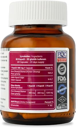 Korean Kore Ginseng Kök Ekstresi 60 Kapsül x 480 mg Kırmızı, Panax SEPE