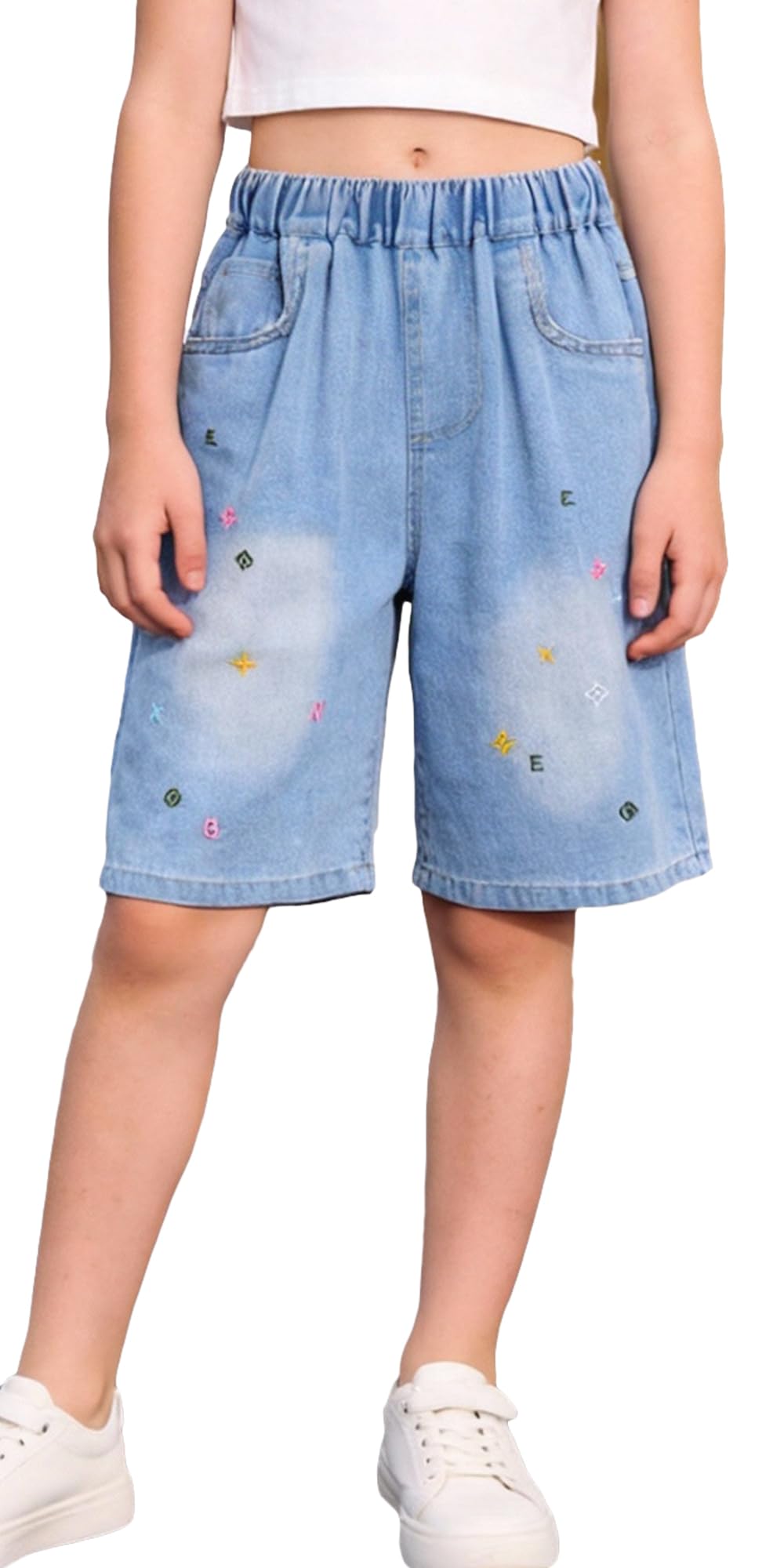 SEAUR Y2K Short ample en jean pour fille avec taille élastique Bleu d'été pour enfants de 5 à 14 ans
