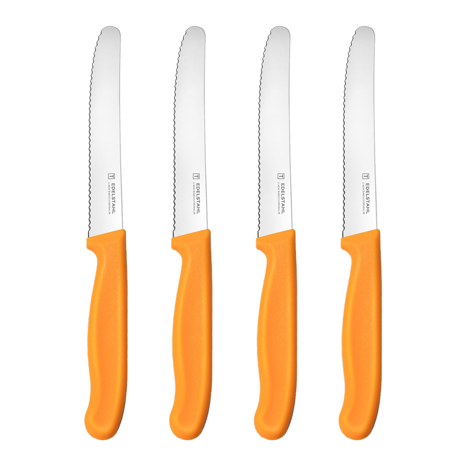 targzier Tomatenmesser Set 4 Stück,Frühstücksmesser mit Wellenschliff,Messerset Scharf,Brotmesser Klein,Orange Messer Küche Set,Rostfreier Stahl Vespermesser,Kunststoffgriff Tafelmesser