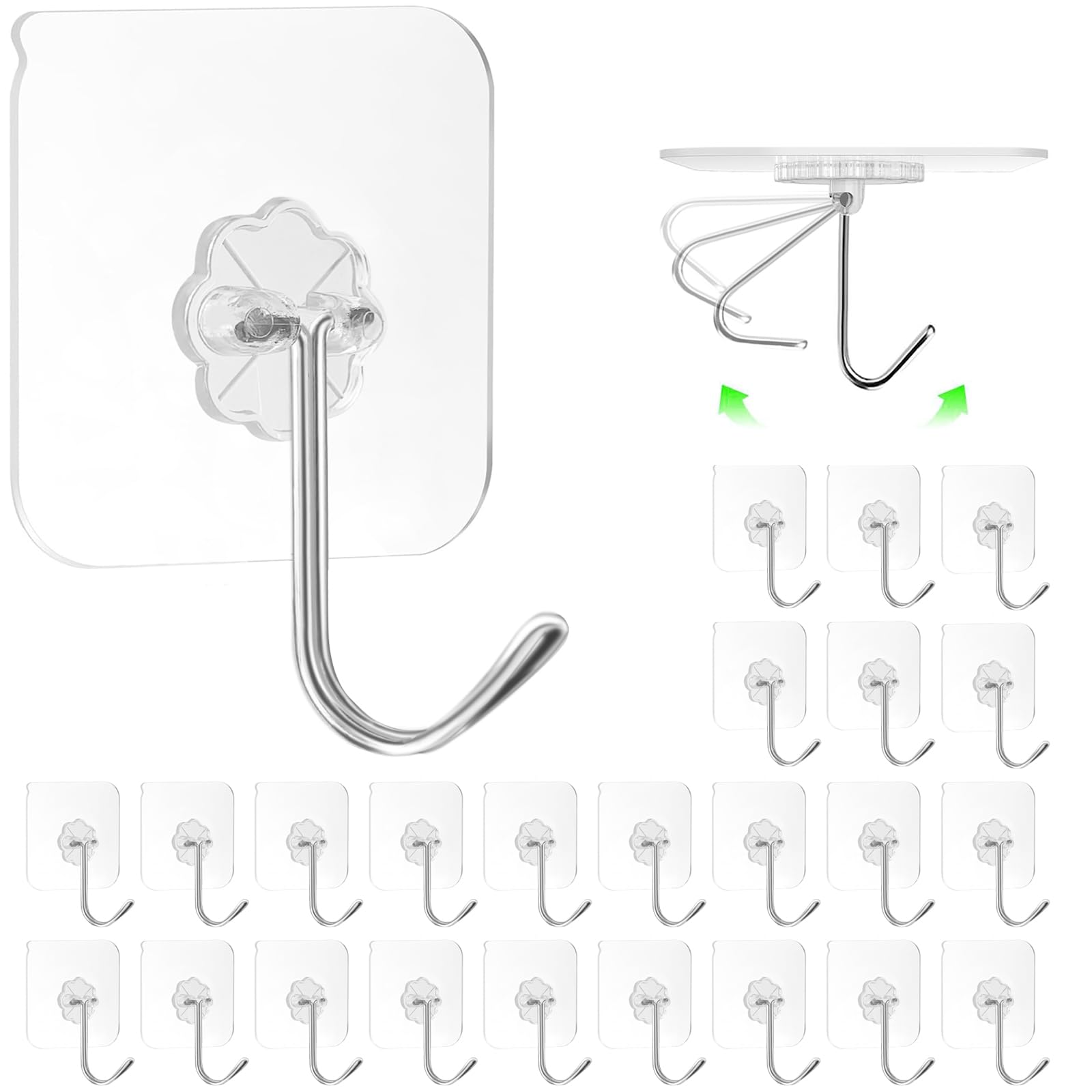 ZESLMG Adhesive Wall Hooks No Damage for Hanging, 24 Pack Large Self Sticky Hooks Heavy Duty 44lb Removable, Clear Hook for Shower Towel Coat Key Picture Wreath Outdoor Bathroom Kitchen, Waterproof