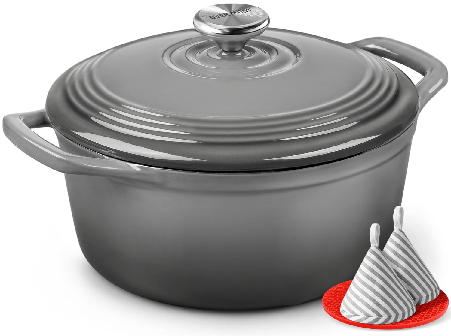 Overmont 26cm/5.2L Enamelled Cast Iron Round Casserole Pot With Lid Cookbook & Cotton Potholders - Non-stick Dutch Oven Cookware for Braising, Stews, Roasting, Bread Baking - Grey, 5.5QT