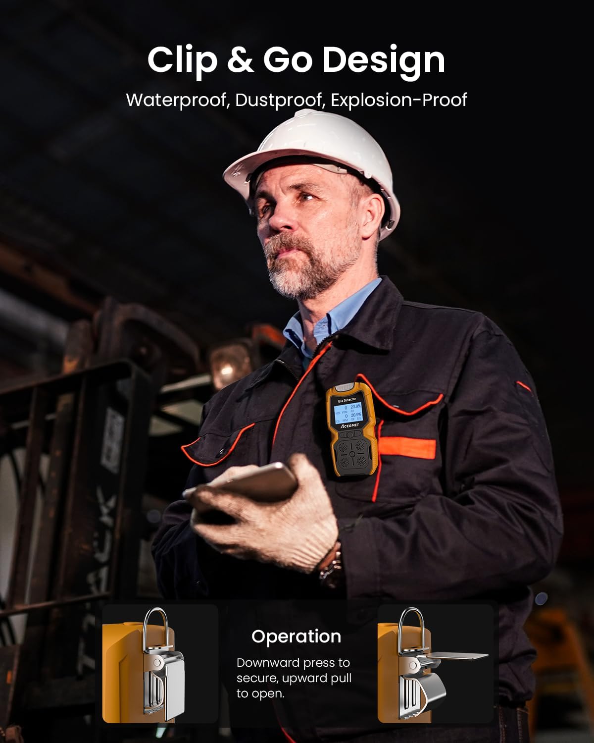 A worker wearing the ACEGMET MG10 Gas Detector clipped to their chest, demonstrating its 'Clip & Go' design.