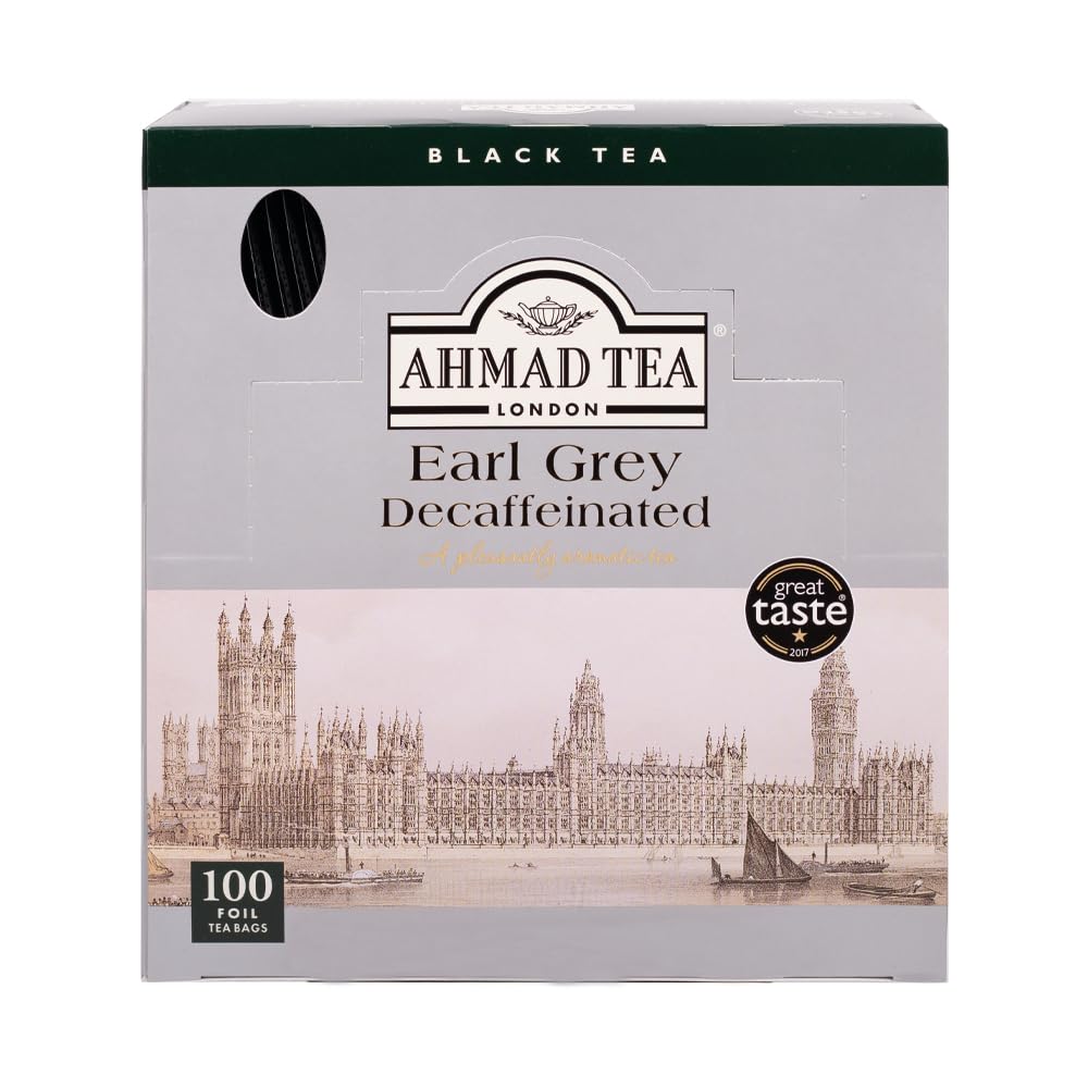 Ahmad Tea - Earl Grey ohne Koffein - Koffeinfreier Schwarztee mit Bergamotte - Einzeln Verpackte, Aromaversiegelte Teebeutel mit 2g Tee pro Portion - 100 Teebeutel mit Band