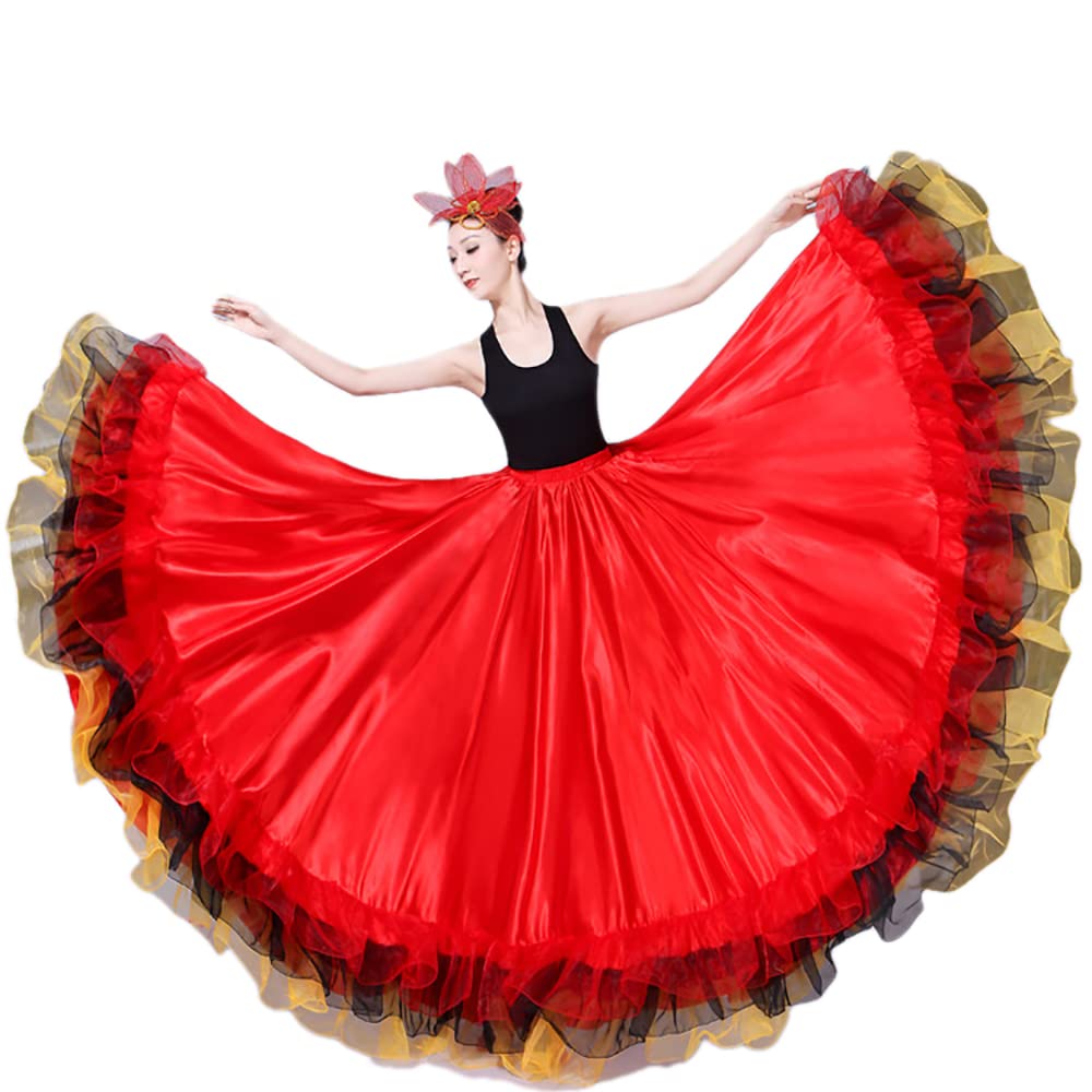 CHAGME Ruffle Satin Long Spanish Flamenco Dance Skirt Spanish Dancing Performance Costume for Women