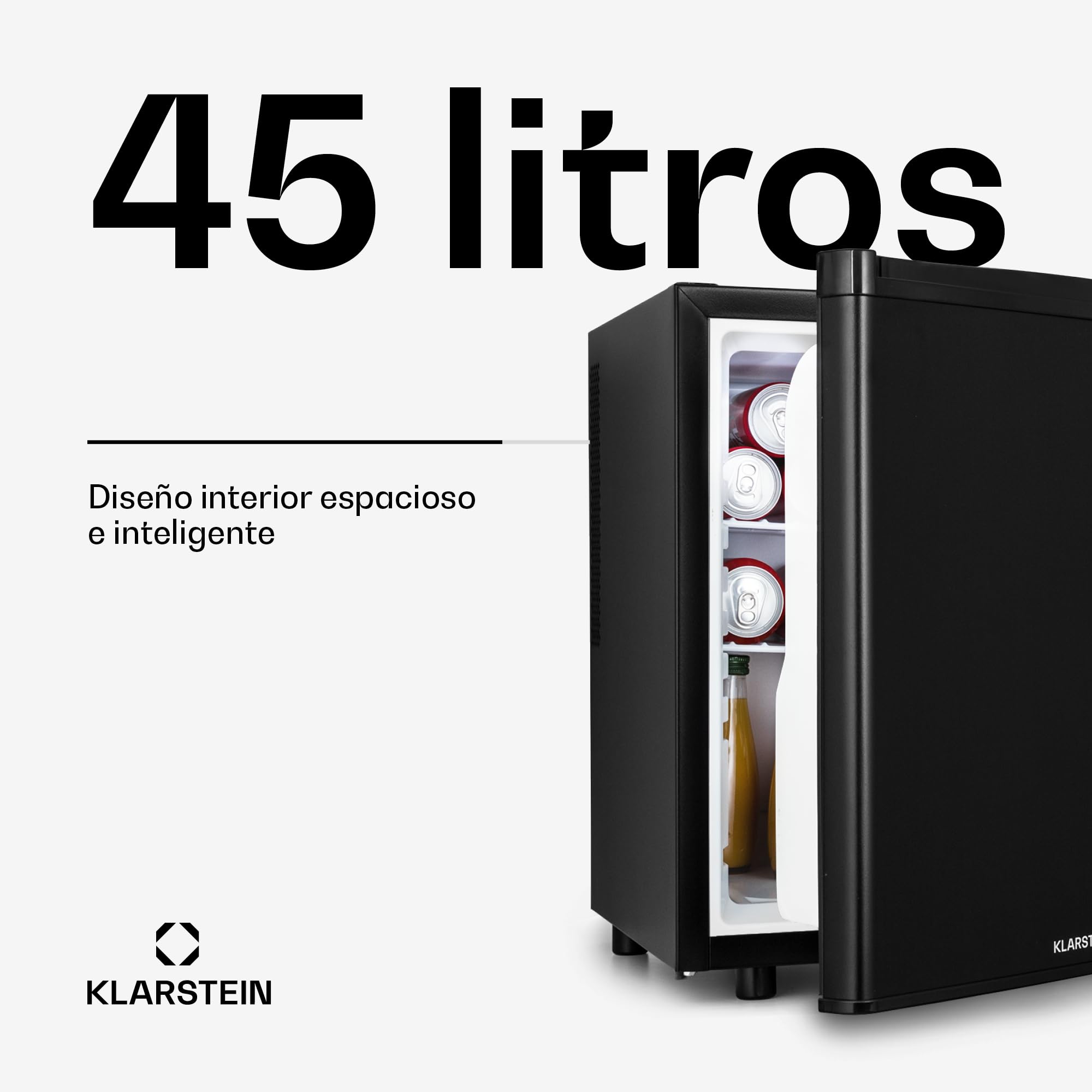 KLARSTEIN Happy Hour Mini Nevera para Dormitorio, Nevera Pequeña para Bebida y Comida, Neveras Pequeñas Iluminación Interior, Estantes Ajustables, para Habitaciones. Oficina, Camping, 6-18°C, 45L
