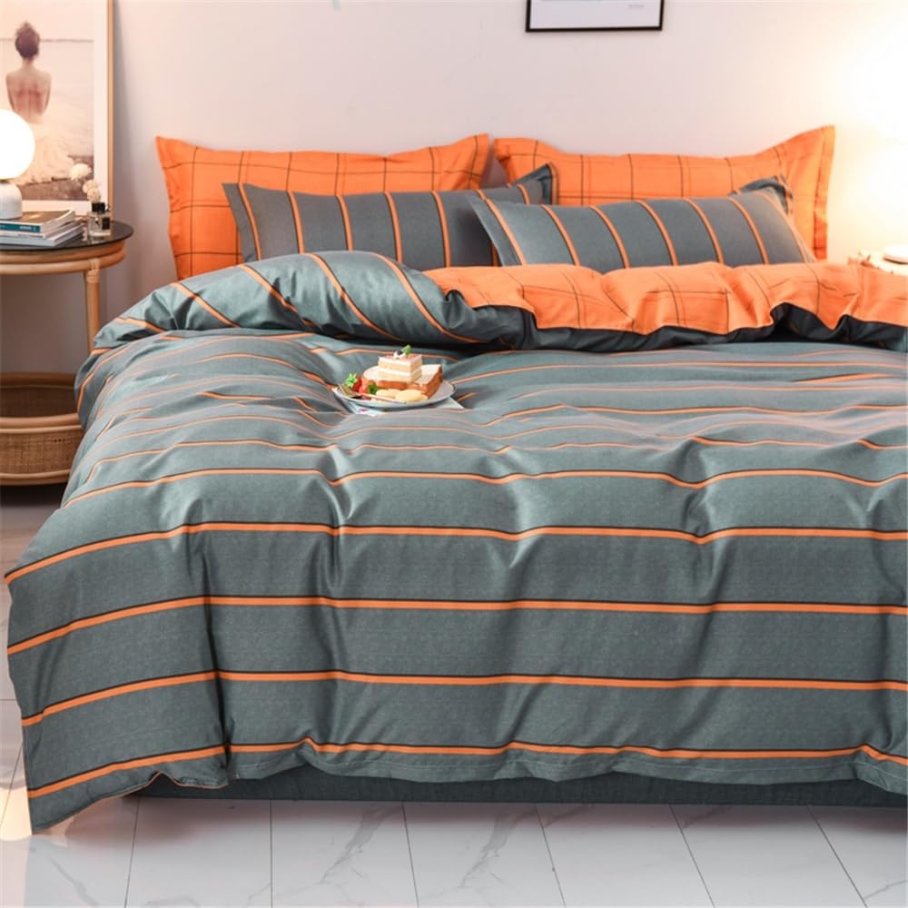 Bedding Set Copripiumino a Righe, 3 Pezzi, Reversibile, con a Quadri Arancioni neutri, Set di Biancheria da Letto Geometrica