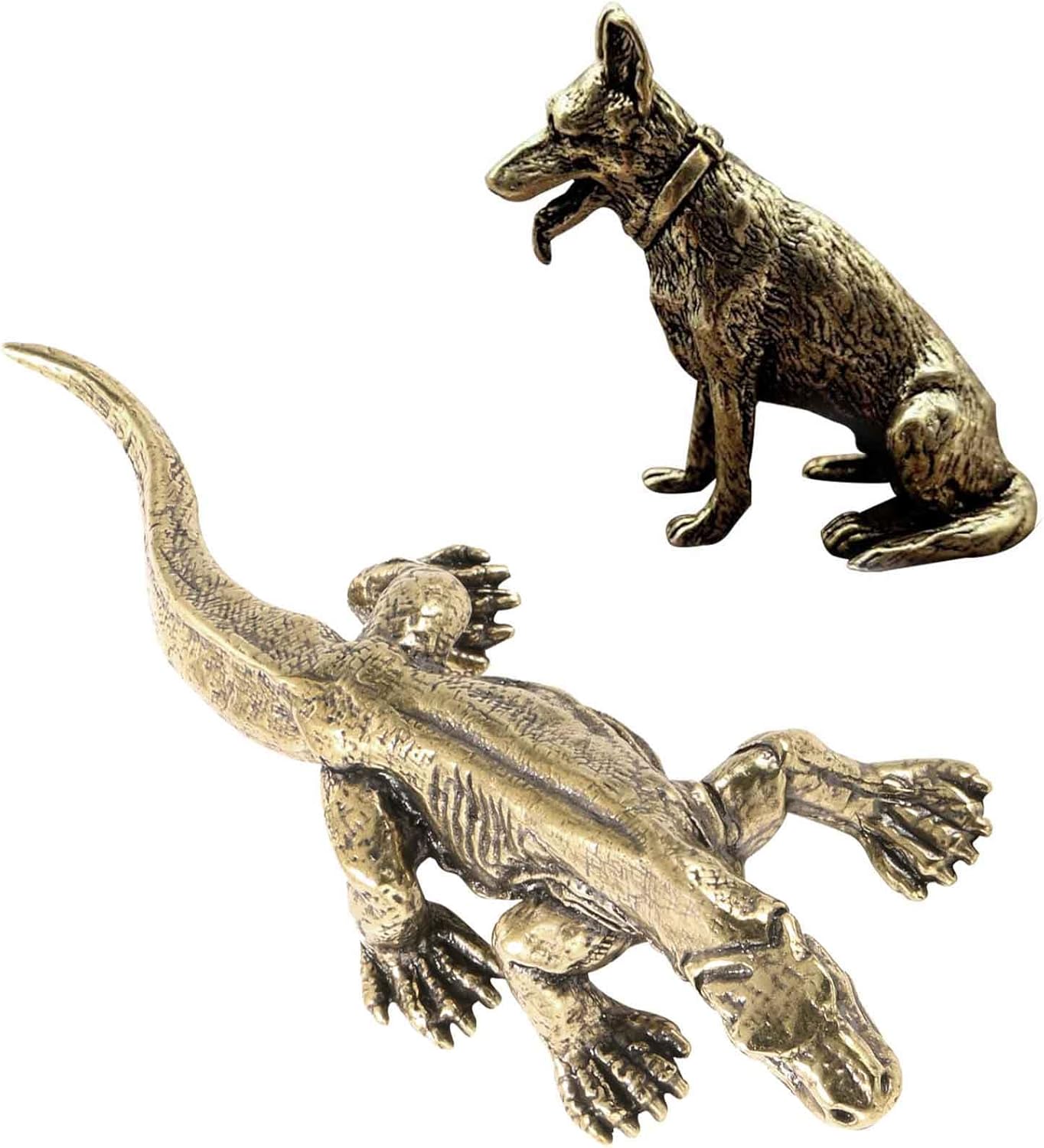 SnowOwl 2pcs Gold Komodo Dragon & Dog Sculpture Vintage Brass Animal Figurines Statue Feng Shui Ornament for Home Office Garden Desktop Decor (Figurines-01)