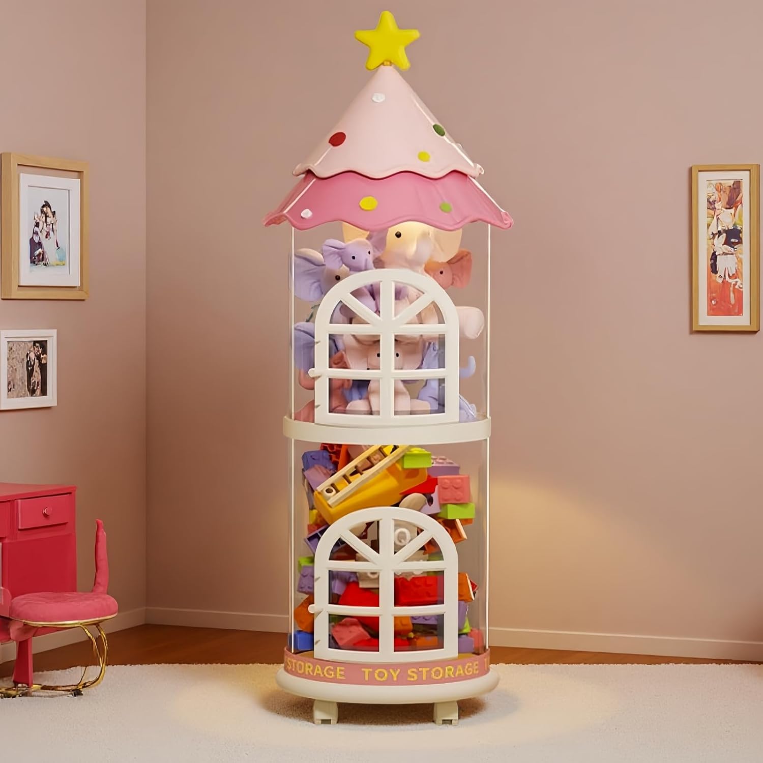 Stuffed Animal Storage Tube with Lid and Wheels, 2-Tier Transparent PET Toy Organizer for Plush Toys, Large Capacity Kids Room Organization Pink