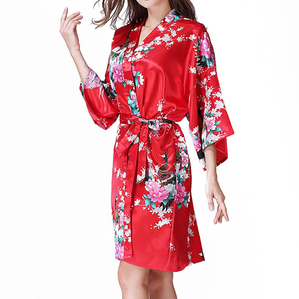 HONGFU Women's Yukata Kimono Bathrobe, Yukata Type, Peacock Pattern, Lightweight, Above Knee, Short Robe, Women's, Satin Kimono Dress Gown Loungewear Free size Red