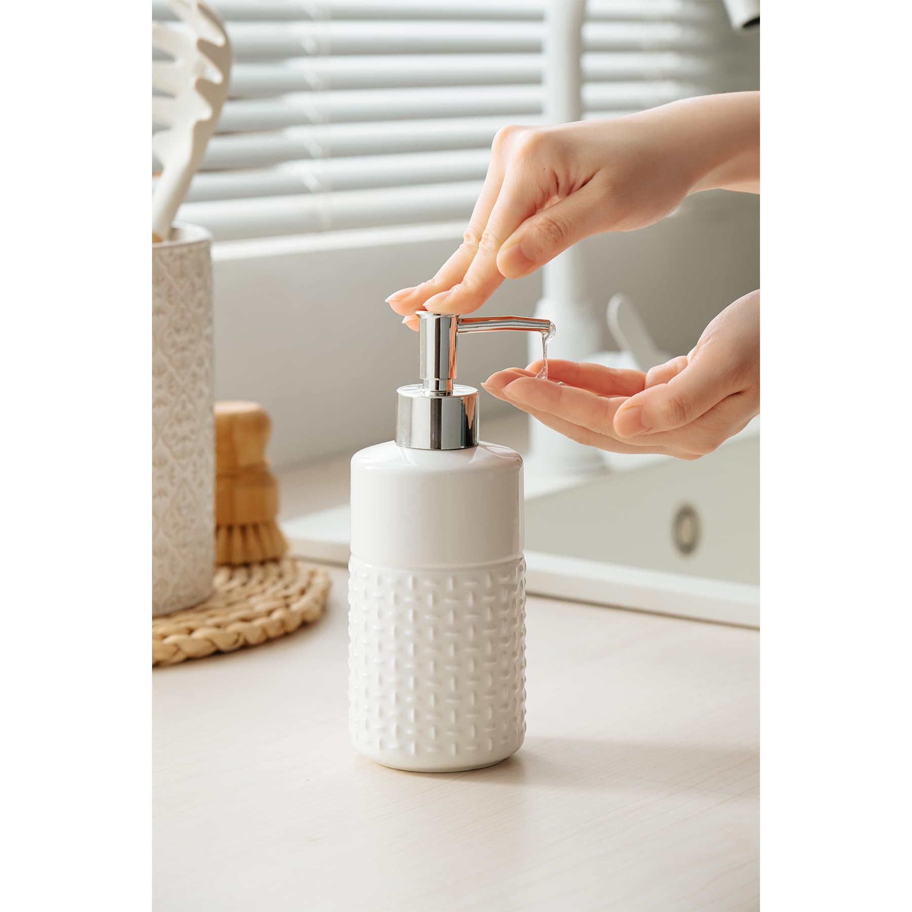 Mikigey Ceramic Bathroom Soap Dispenser, 12 Oz Refillable Hand Ceramic Dispenser with Plastic Pump, Liquid Soap Dispenser for Bathroom & Kitchen Countertop, White