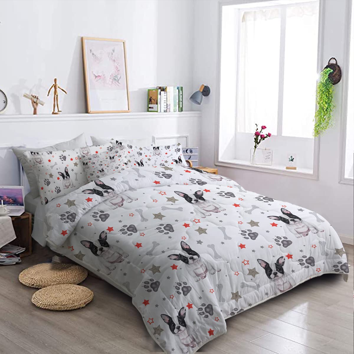 BlessLiving 8-Piece French Bulldog Bed-in-A-Bag Set - Super Cute Dog Print Comforter, Sheets & Pillowcases For Full Bed
