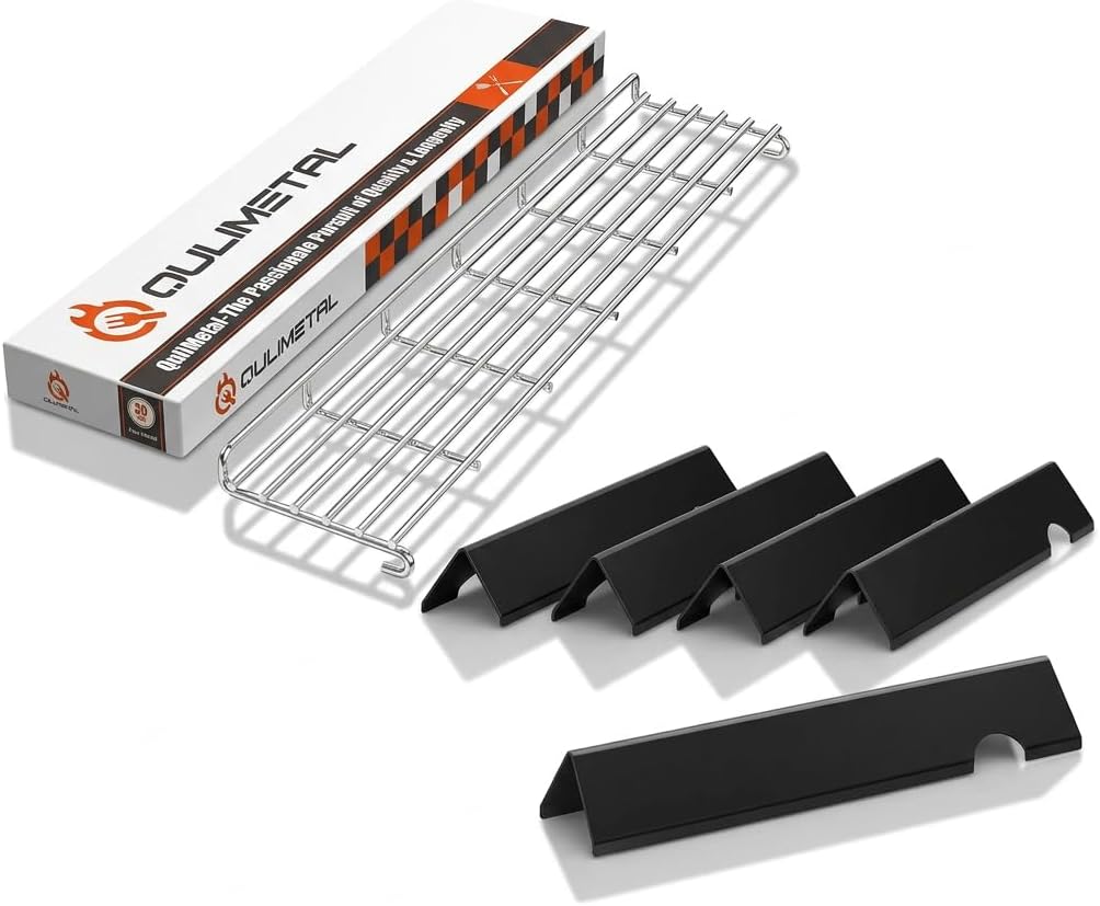 QuliMetal Grill Parts Bundle for Weber Genesis II 300 Series, 5-Pack Porcelain-Enameled Flavorizer Bars and Stainless Steel Warming Rack
