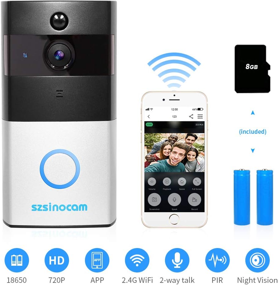 [Updated Version] Video Doorbell, SZSINOCAM 720p HD wireless doorbell video with 8G Card Rechargeable Batteries, Two-Way Talk, PIR Motion Detection, 166°Wide Angle and App Control for IOS and Android