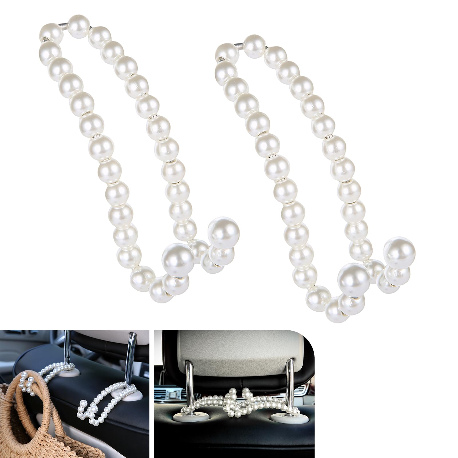 gunroil 2 PCS Car Seat Back Hooks, Car Aesthetic Pearl Hooks, Multi-Functional Car Rear Seat Hangers, Universal for Most Cars (White)