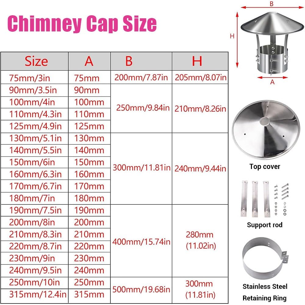 Tapa De Chimenea Para Techo 75 100 170 180 220 315mm Sombrero Para Chimeneas De Acero Inoxidable, Sombrerete Chimenea Cobertura A Prueba De Lluvia(315mm/12.4in)