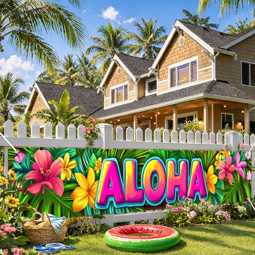 Image of HOMETITUTE Aloha Banner Luau Decorations 79 x 18 inch Hawaiian Banner Tropical Hello Summer Backdrop Aloha Sign for Pool Party Backyard Summer Beach Tiki Bar Outdoor Photo Booth