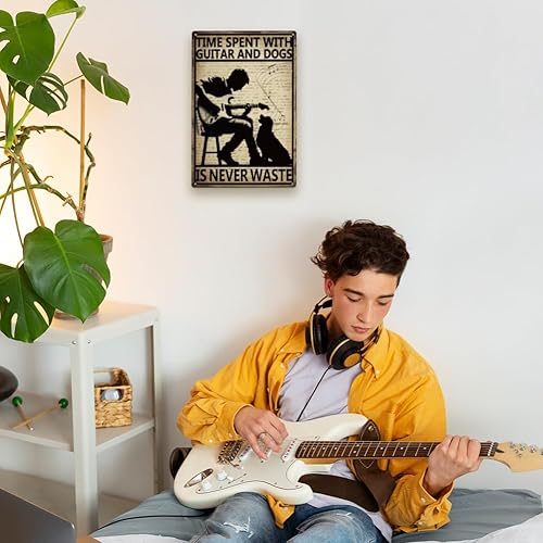 Miniatura 7 de SUPERDANT Letrero de metal para guitarra, con texto en inglés "Time Spent On Guitar and Dog is Never Waste", letrero de música rock, arte de pared