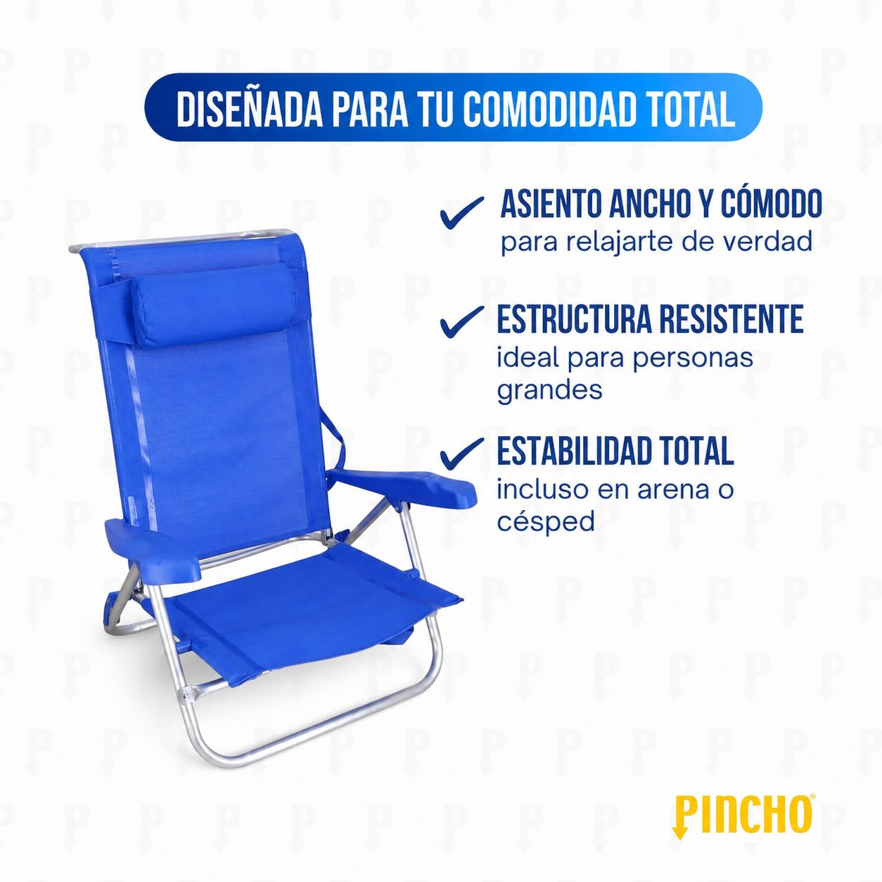 Pincho Silla Playa Plegable Ligera, Reclinable Azul con Cojin, Estructura Aluminio Resistente y Ligera, Asiento Bajo Comodo, Diseno Plegable con Reposabrazos – Ideal Verano y Jardin (2)