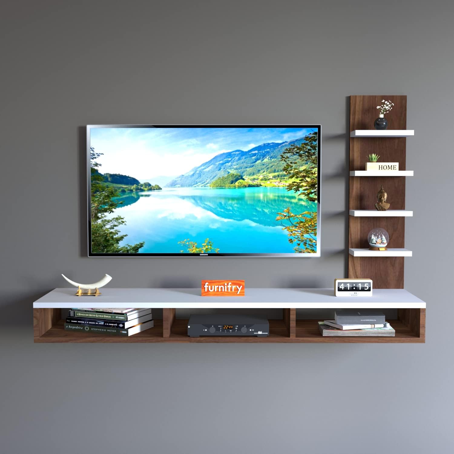 Wooden TV Entertainment Unit/Wall Set Top Box Shelf Stand/Tv Cabinet For Wall/Set Top Box Holder For Home/Living Room (White & Walnut), (10 X 10 X 5Cm)