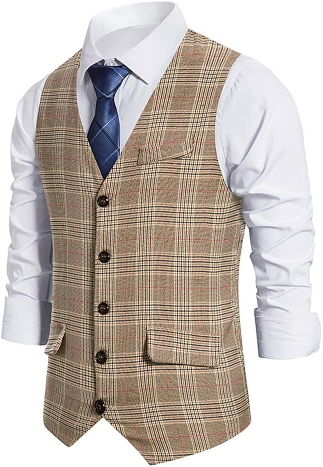 Vest Coat Plaid Single Breasted Sleeveless Top Formal Dress Clothes Workwear Men's Wedding Slim Suit