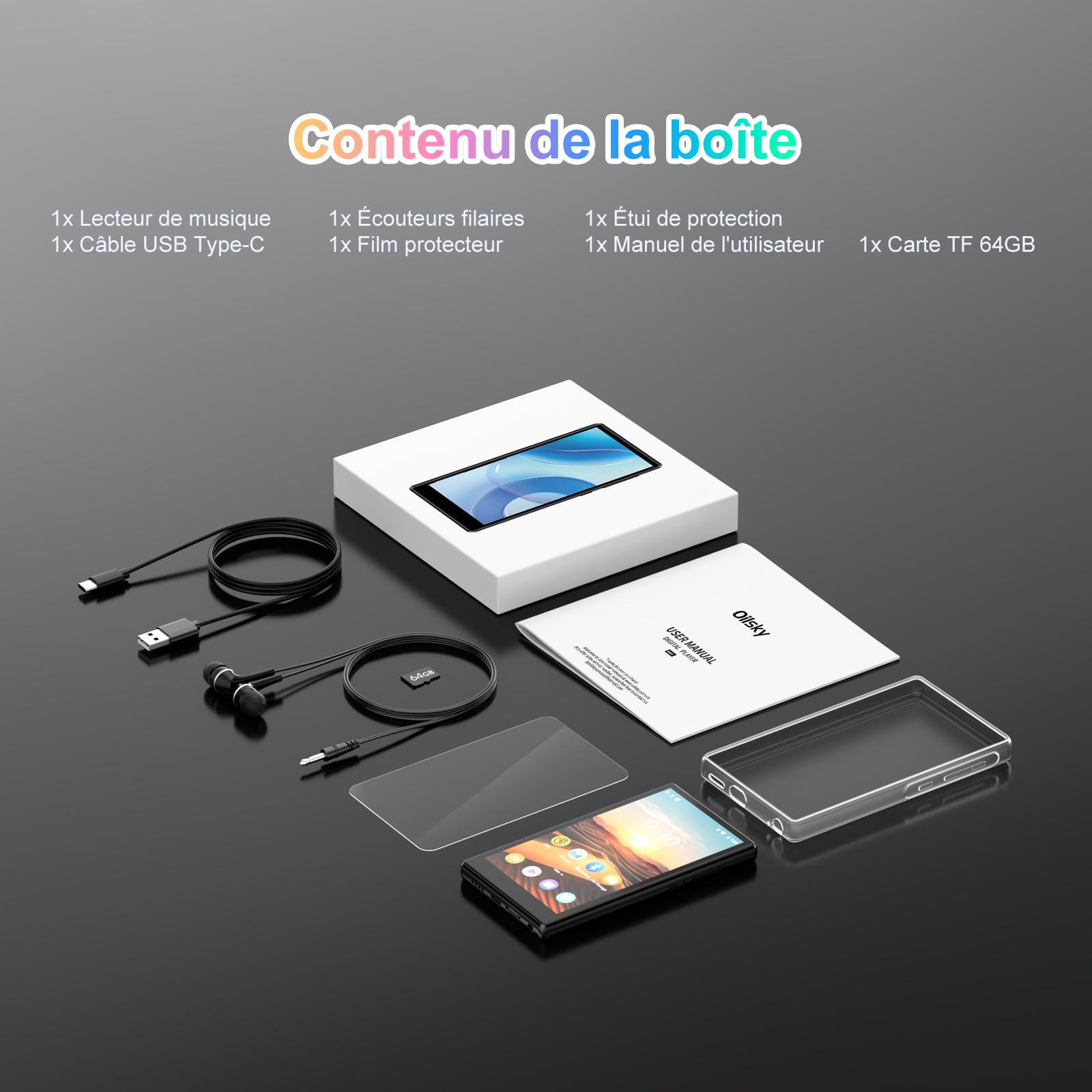 Oilsky 96Go Lecteur MP3 avec WiFi et Bluetooth, écran Tactile de 4,7'' 1280P, Android 13.0, RAM:4 Go, Lecteur MP3 & MP4 avec Spotify, Amazon Music, Play Store (Noir)