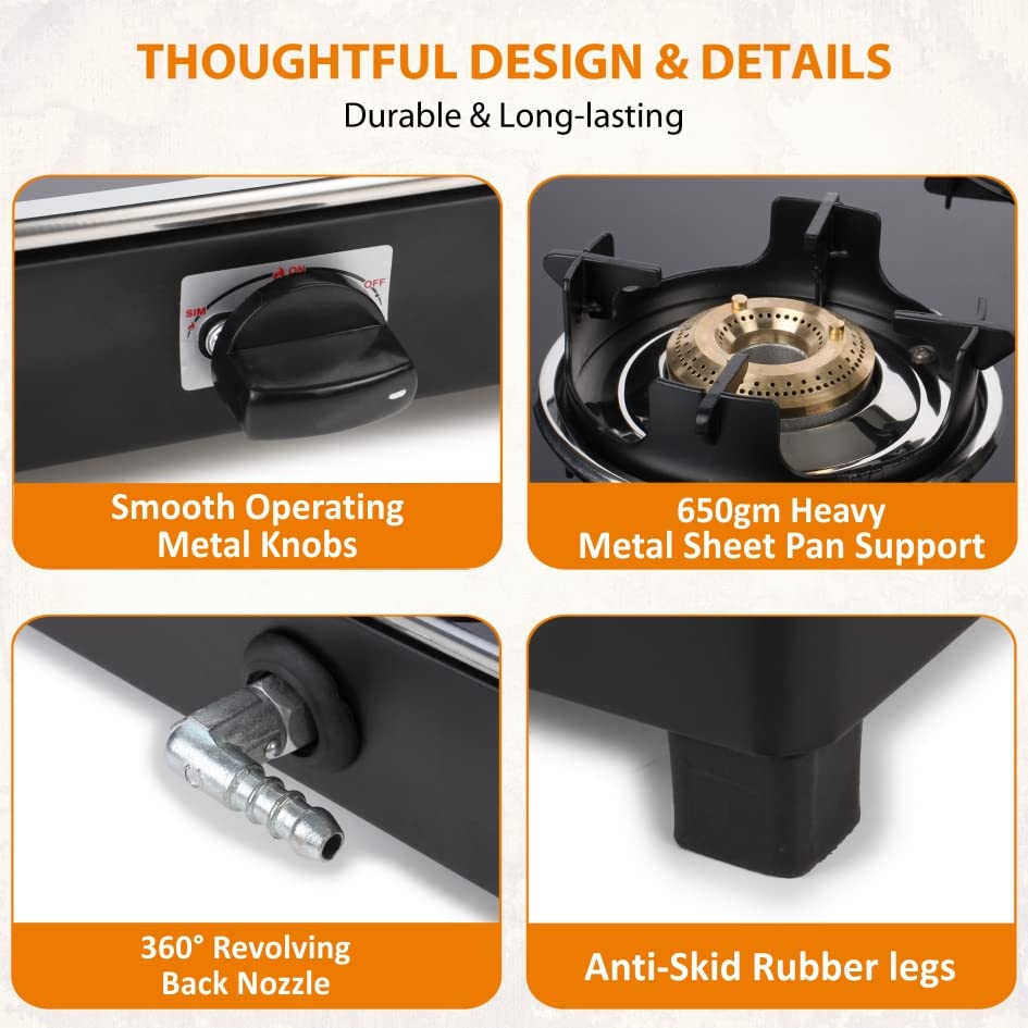 Khaitan 3 Burner Royal MS Black Toughened Glass LPG Gas Cooktop, Manual