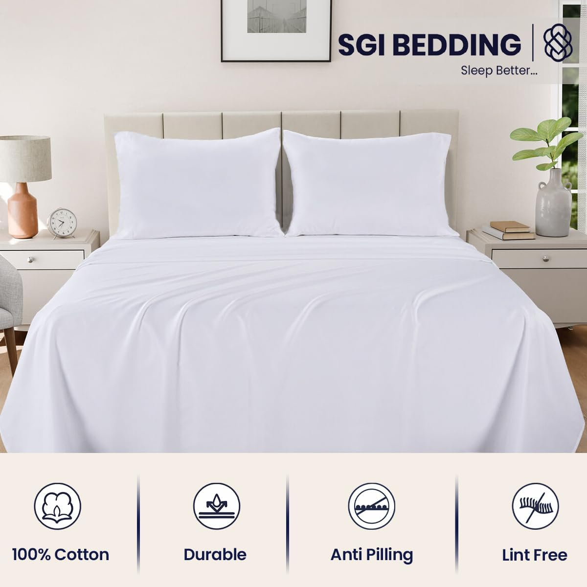 SGI bedding 100% Egyptian Cotton Sheets Full XL Size – 600 Thread Count Sheets Set, Soft, Cooling, 16" Deep Pocket, Luxury Hotel Bedding, Breathable, Durable - White