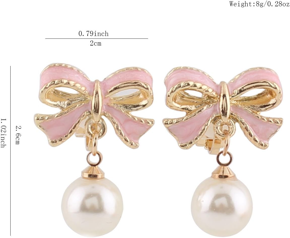 Pink Bowknot Shape Clip on Earrings Without Piercing for Women Pearl Drop Earrings(Pink Bowknot Clip-ons)