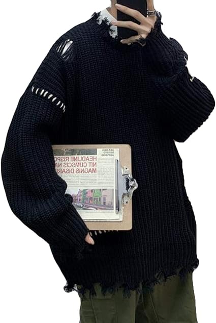 Amazon シジャァーノ セーター メンズ 無地 クルーネック ニット セーター プルオーバー 厚手 ゆったり 防寒 秋 冬 トップス カットソー シンプル 長袖 韓国風 ローゲージ ダメージ加工 セーター 通販