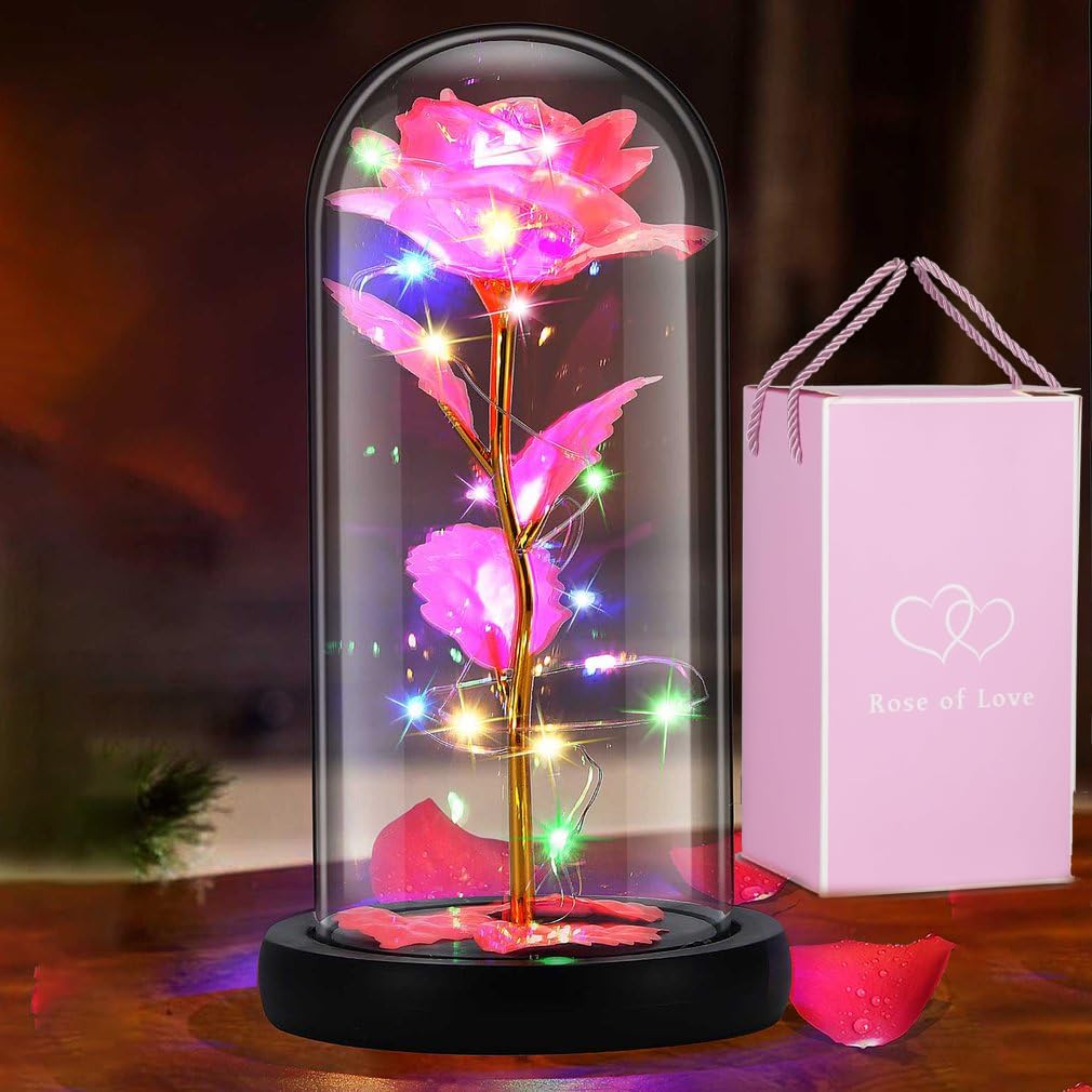 Rose éternelle Sous Cloche Otlonpe | Belle Et La Bête Galaxy | Fleur Artificielle Avec Lumière LED | Cadeau Mariage