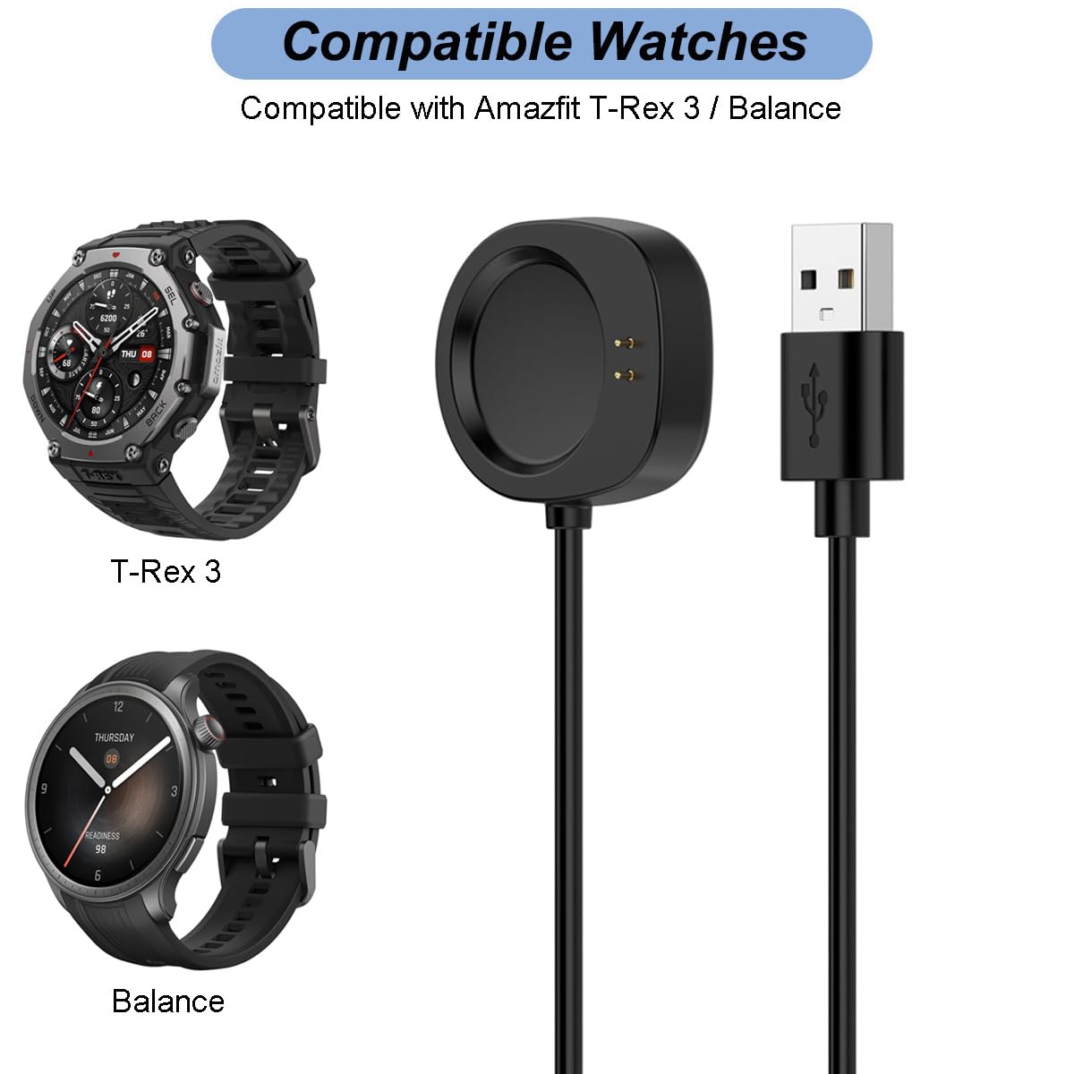 Emilydeals Charger for Amazfit Balance/T-Rex 3, Replacement USB Charging Cable Cord Dock for Amazfit Balance, T-Rex 3 Smart Watch (3.3ft/1m) (2)