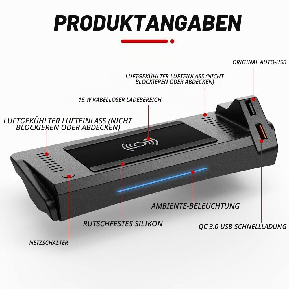 Braveking1 Kabelloses Ladegerät Auto für Audi A4 2019-2021 A5 2020 2021 S4 S5 2021 RS4 RS5 2019 2021 Center Console-Zubehörfeld, 15W Qi Wireless Schnell-ladegerät mit QC3.0 USB für iPhone Samsung
