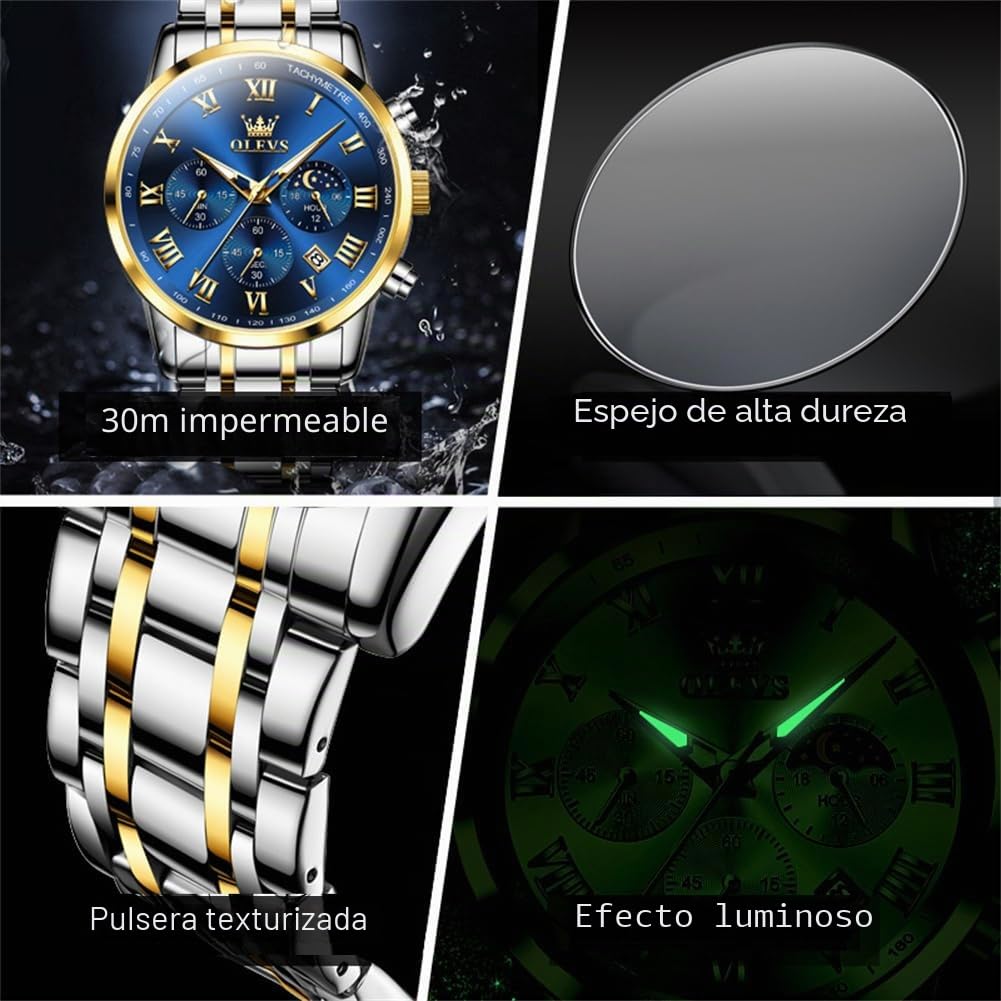 Reloj Hombre con Cronógrafo y Fase Lunar en Acero Inoxidable