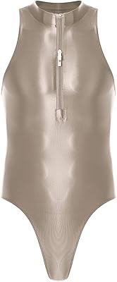 Yihuimin Mens One Piece Shiny Silky Sleeveless Mankini Leotards Compression Rash Guard Swimwear Brown One Size