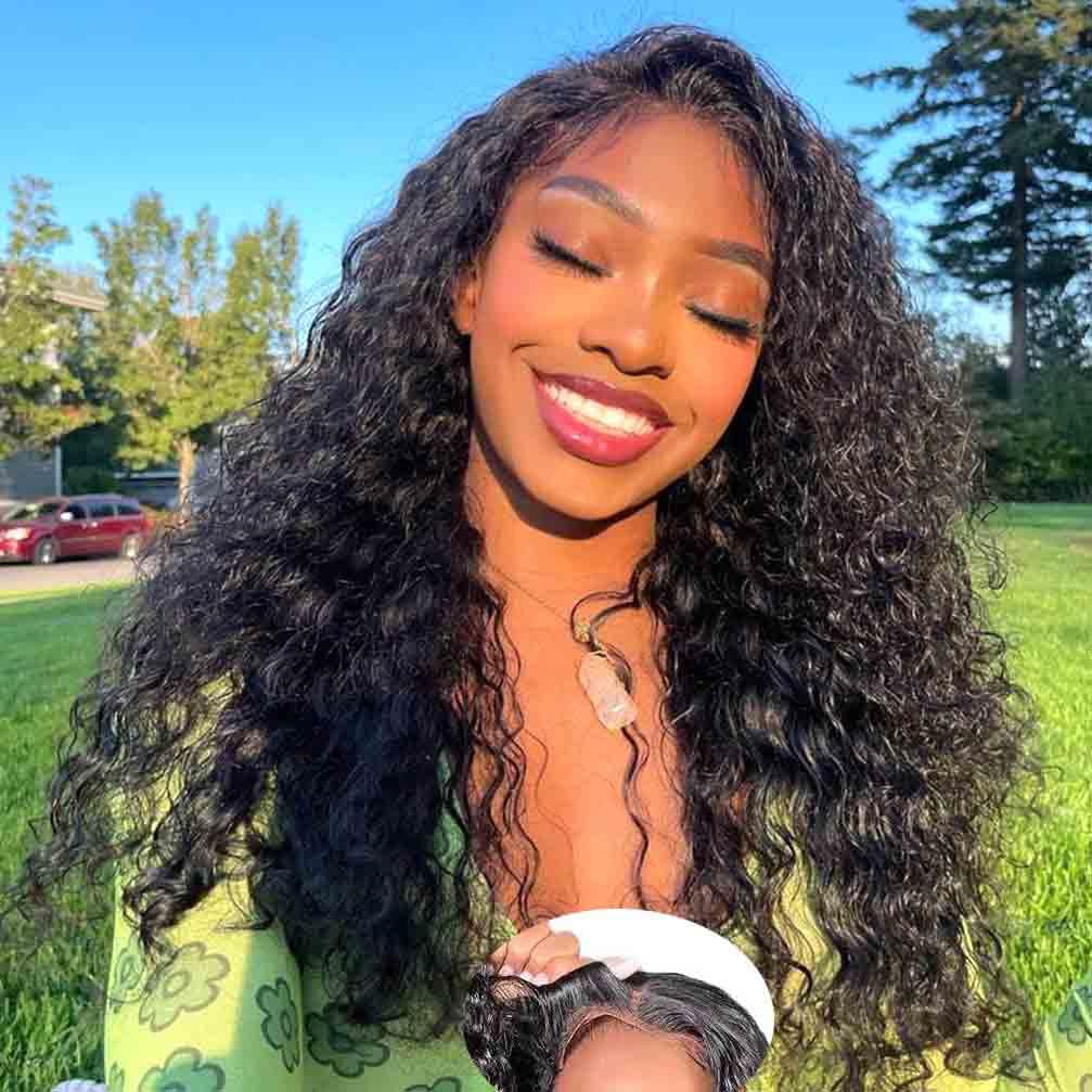 WPPIKK Wear and Go Glueless Wigs Human Hair Pre Plucked Pre Cut Brazilian Deep Wave Lace Front Wigs Human Hair 4x4 Lace Closure Wig for 4x4 Lace Black