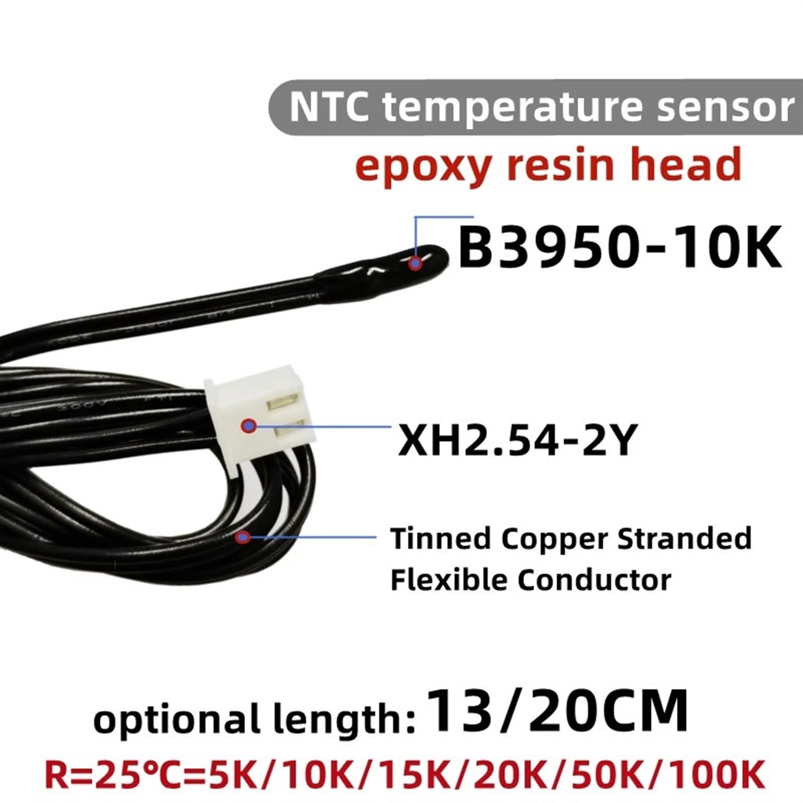 100PCS NTC Thermistor Temperatur Sensor B3950 5K 10K 15K 20K 50K 100K 1% Luft sonde klimaanlage sonde 13/20CM(5K-L20CM)
