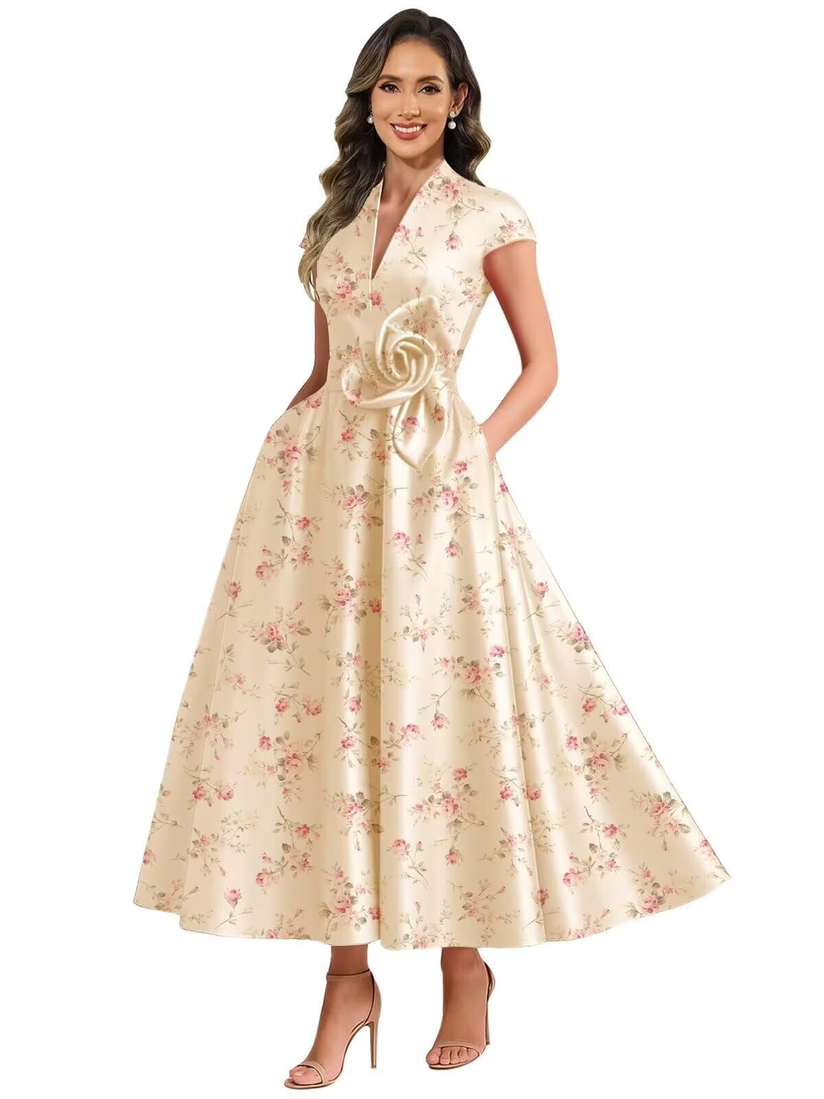 Tea Length Mother of The Bride Dresses for Women Cap Sleeve Satin 3D Flower Formal Evening Party Gowns