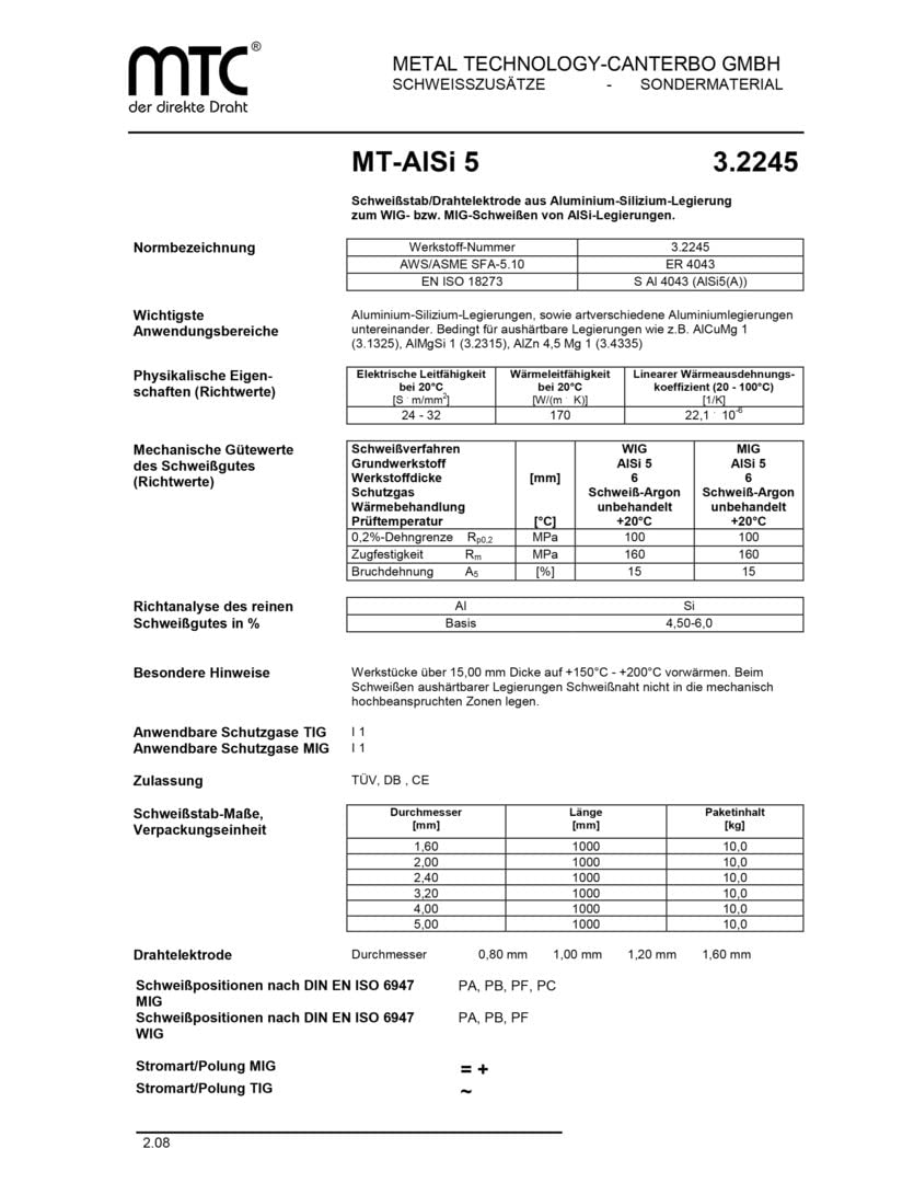 MTC MT-AlSi 5 1,2 mm 7 kg Schweißdraht Aluminium 3.2245 MIG MAG Draht Schweißen